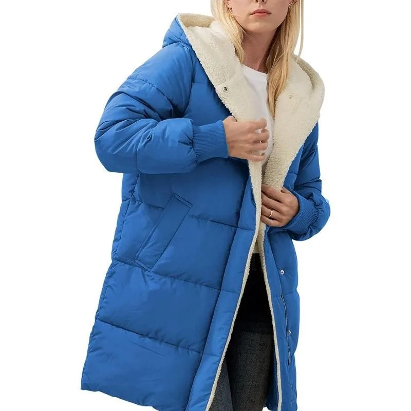 Women's Clothing Solid Warm Fleece Hooded Cotton Coat Long Sleeves Double-sided Velvet Slim Fit Elegant Cardigan Outerwear Top
