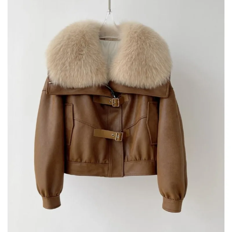 Women Solid Color Short Puffer Coat Faux Fur Collar Faux Leather Jacket Double Buckle Strap Zip Up Lantern Sleeve Outerwear