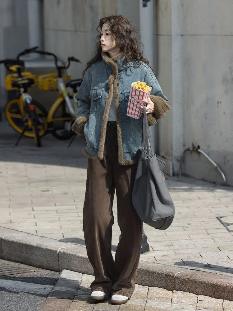 Denim Coats Long Fur Plush Womens Winter Moisture-Wicking Boxy Fit Grunge Style Vacation Travel Anti-Wrinkle Fuzzy Padded Warmth