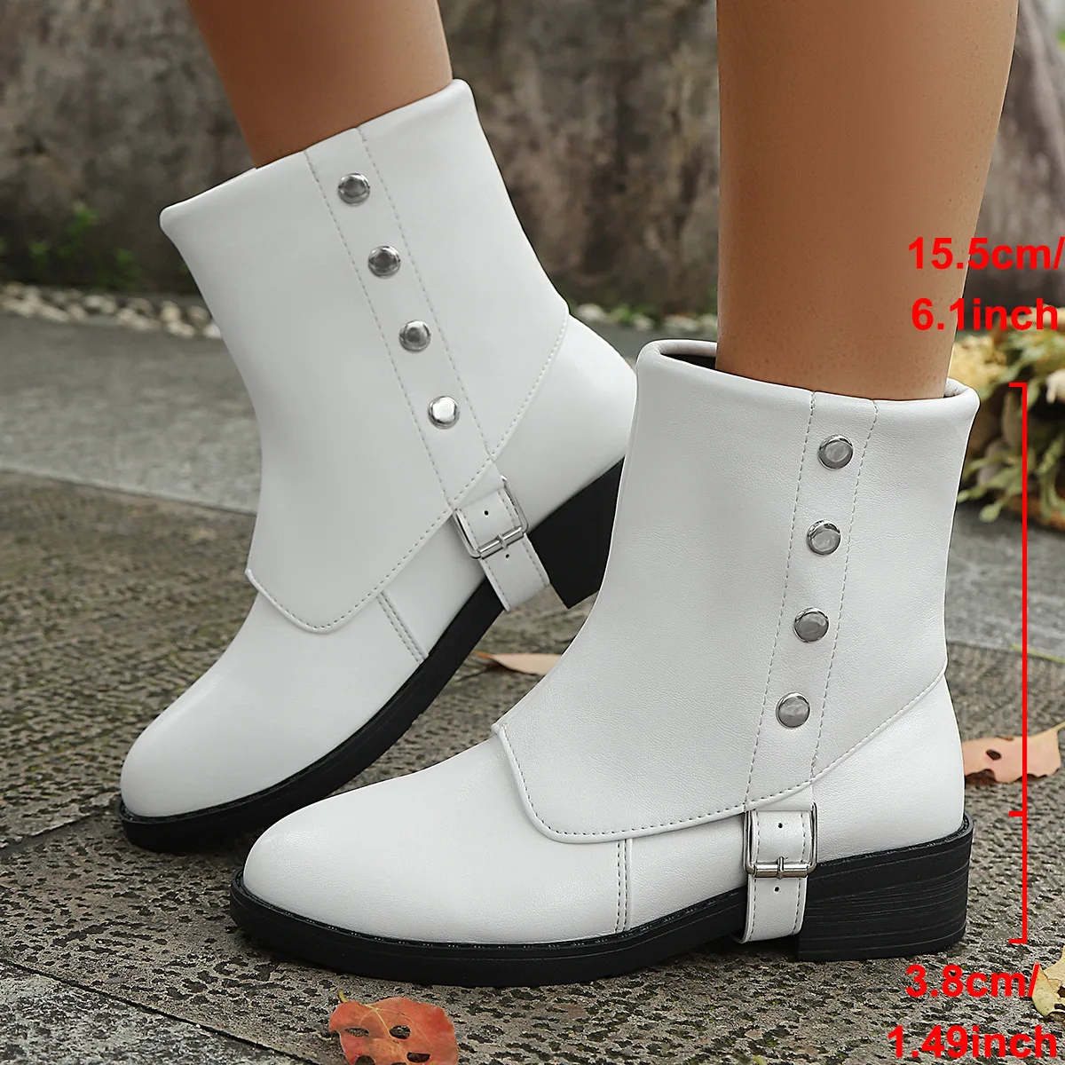 Women's Gothic Rivet PU Ankle Boots Medieval Art Retro Belt Buckle Low Heel Slip-On Ankle Boots British Outdoor Mid-Calf Boots