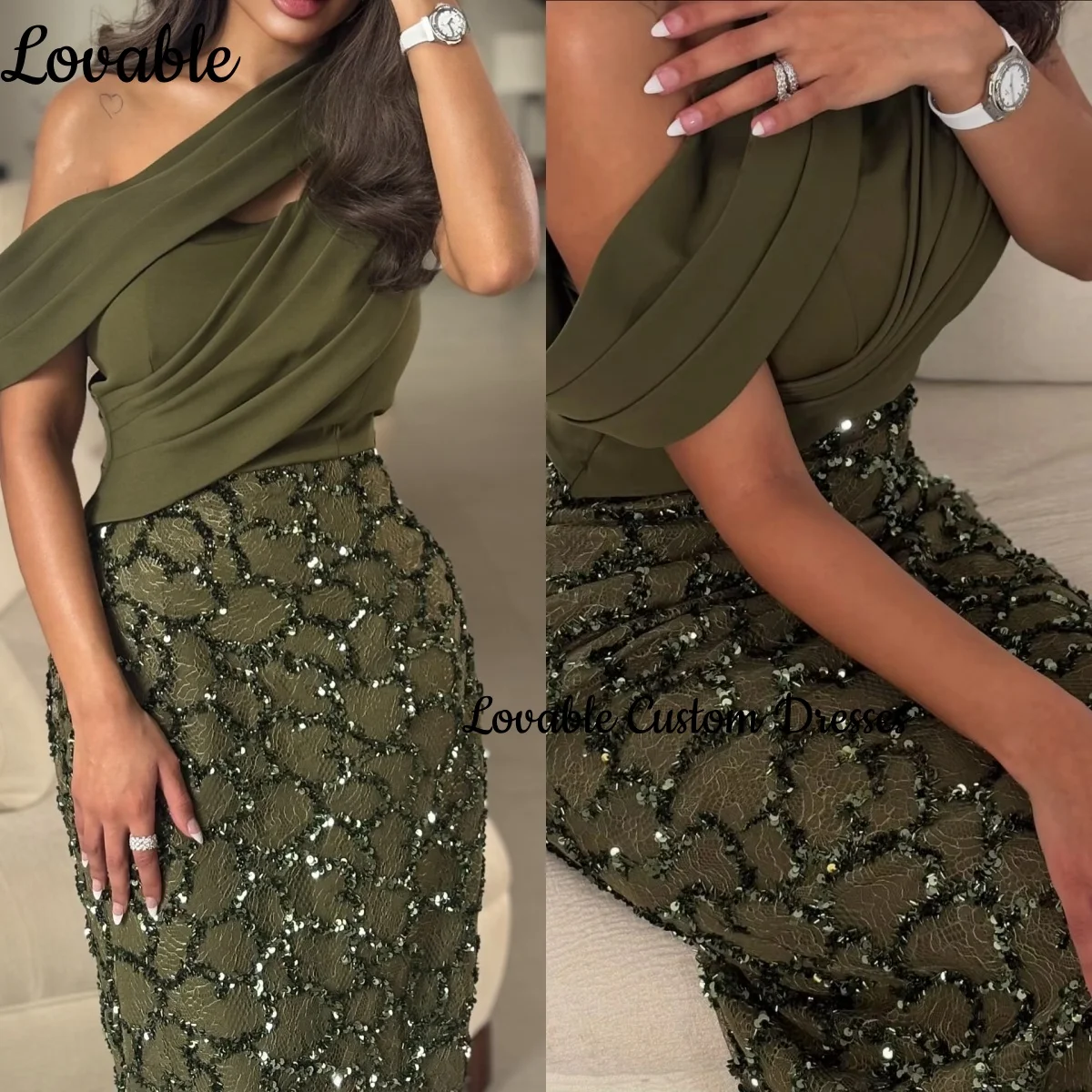 

Dubai Luxury Evening Dress Customize Column Floor-Length Beadings Dresses For Prom One-Shoulder Zipper Up Short Sleeves Vestidos
