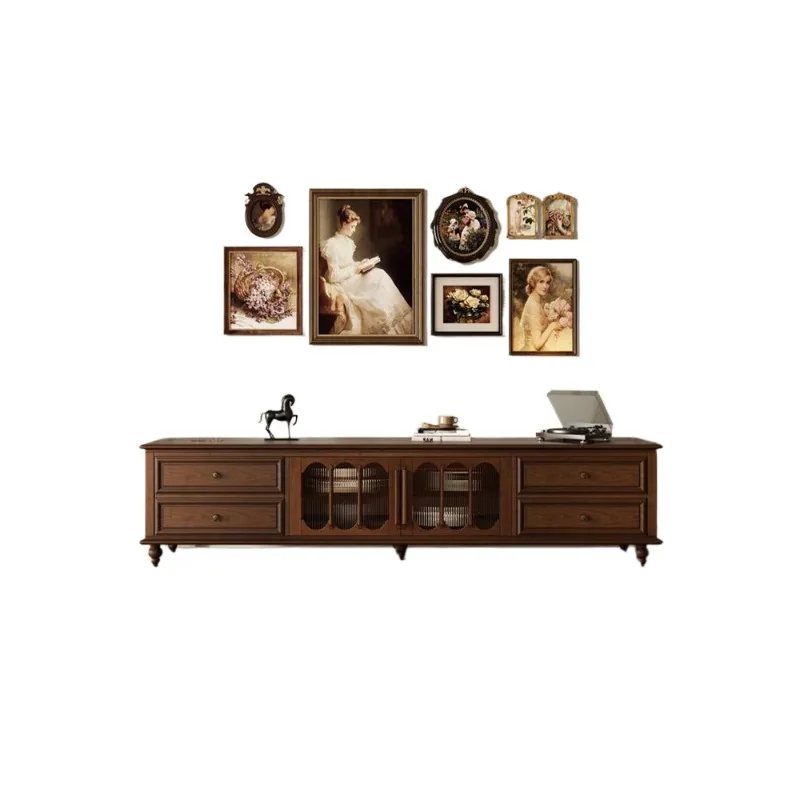 

American solid wood TV cabinet living room, light luxury high-end medium antique furniture retro TV high cabinet