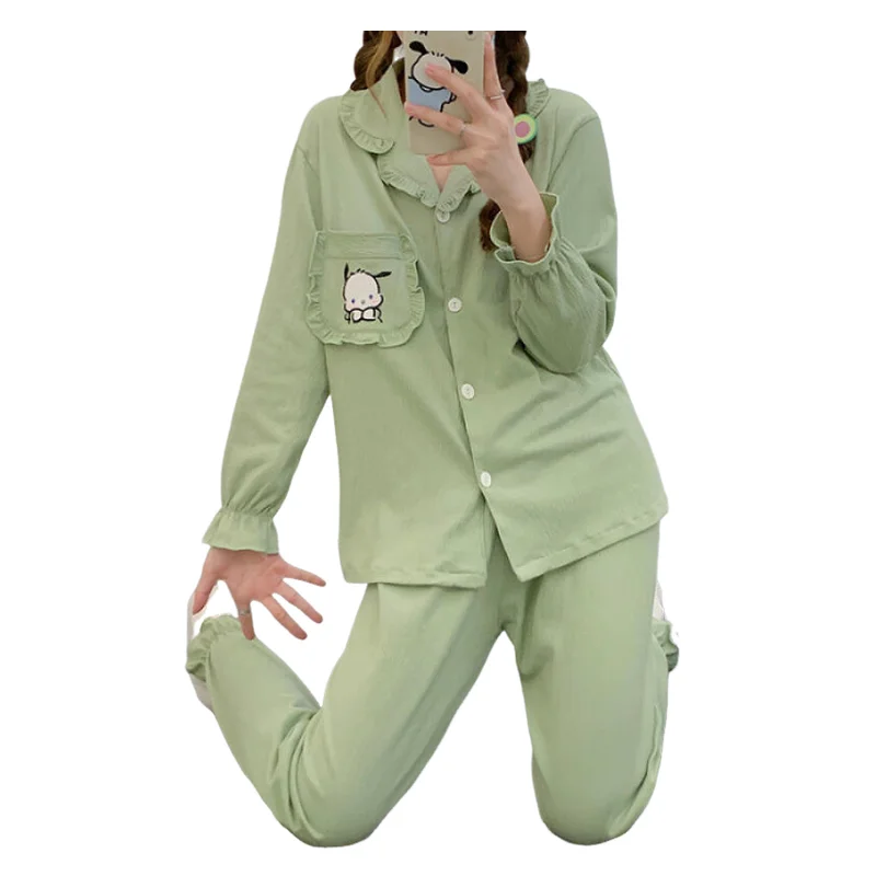 

Женский пижамный комплект Kawaii Pochacco с рюшами и пуговицами, ночная одежда с милым мультяшным принтом, повседневная домашняя одежда из двух предметов