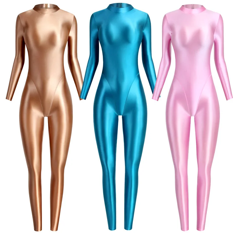 Satin Shiny Bodysuit Tight-fitting Smooth Back Zipper Overalls Yoga Suits Casual Sport  Glossy Tights Catsuit Jumpsuits Unisex