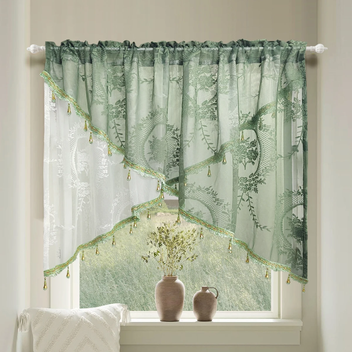 1PC American Double Layered Staggered Sheer Curtain for Small Window Kitchen Voile Drape With Lace Beads Cabinet Cafe