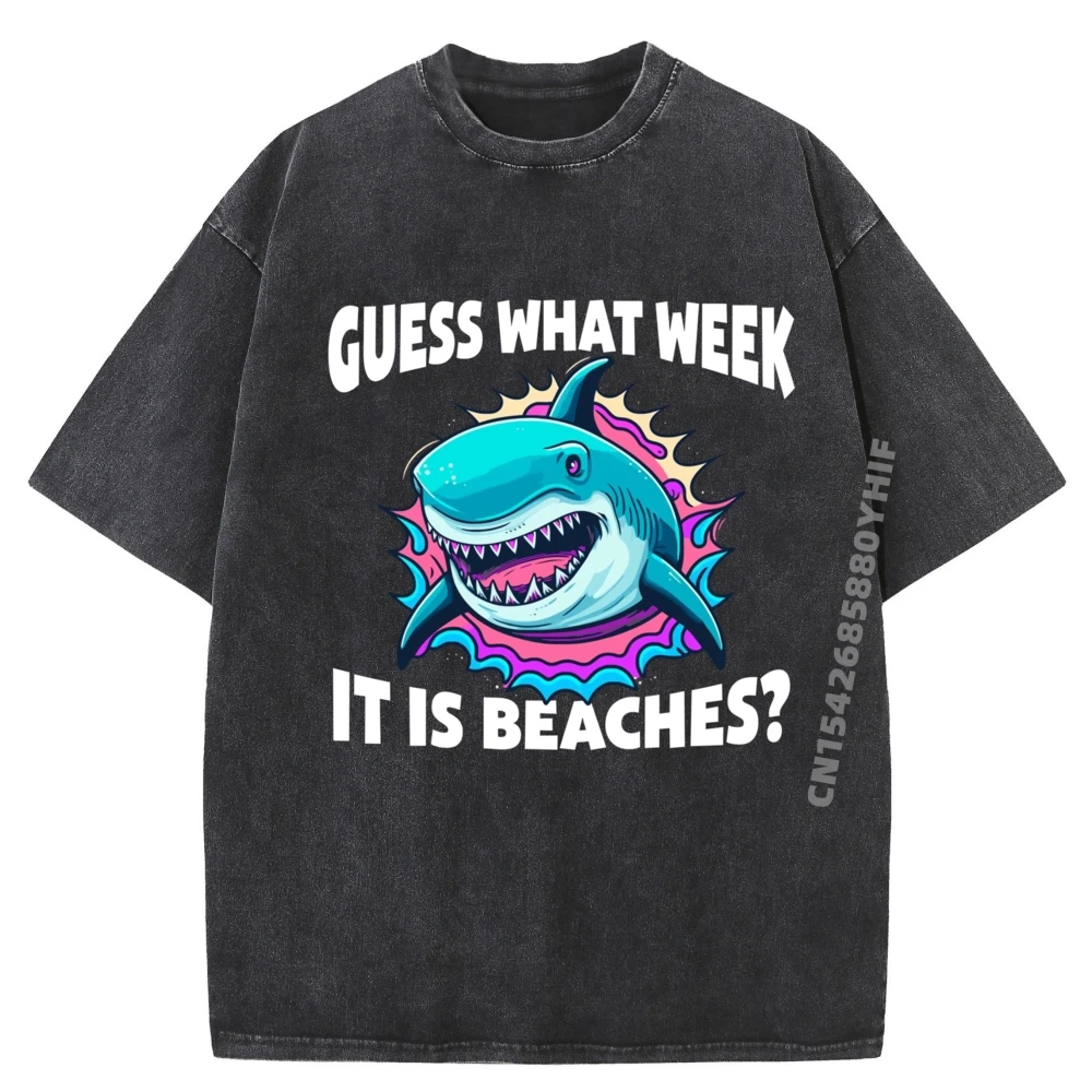 

Graphic Tees Shark Joke Guess What Week Loose Men T-shirt Printed Tshirt Mens Street Washed Tee-Shirt