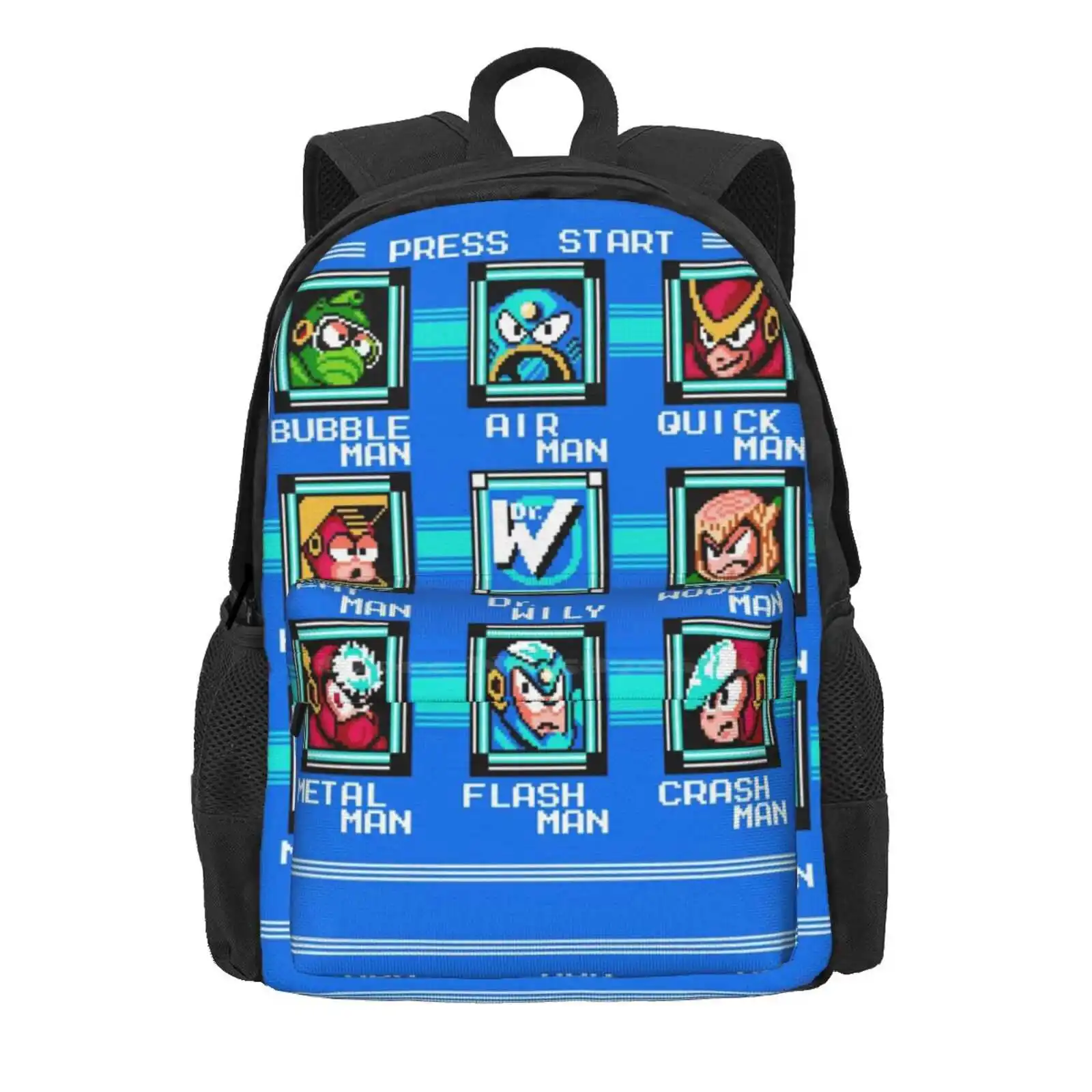 Megaman 2 Stage Select Schoolbag, Pixelart Rockman 2, Mega Man Video Games, Old Gamer, Cultura Pop, Mochila, Bolsas de moda, venda quente