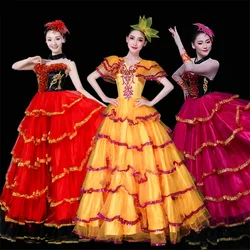 Women Flamenco Dress Gypsy Girls Dancing Costume Spanish Bullfight Lace Big Swing Flower Dress Satin Belly Stage Performance