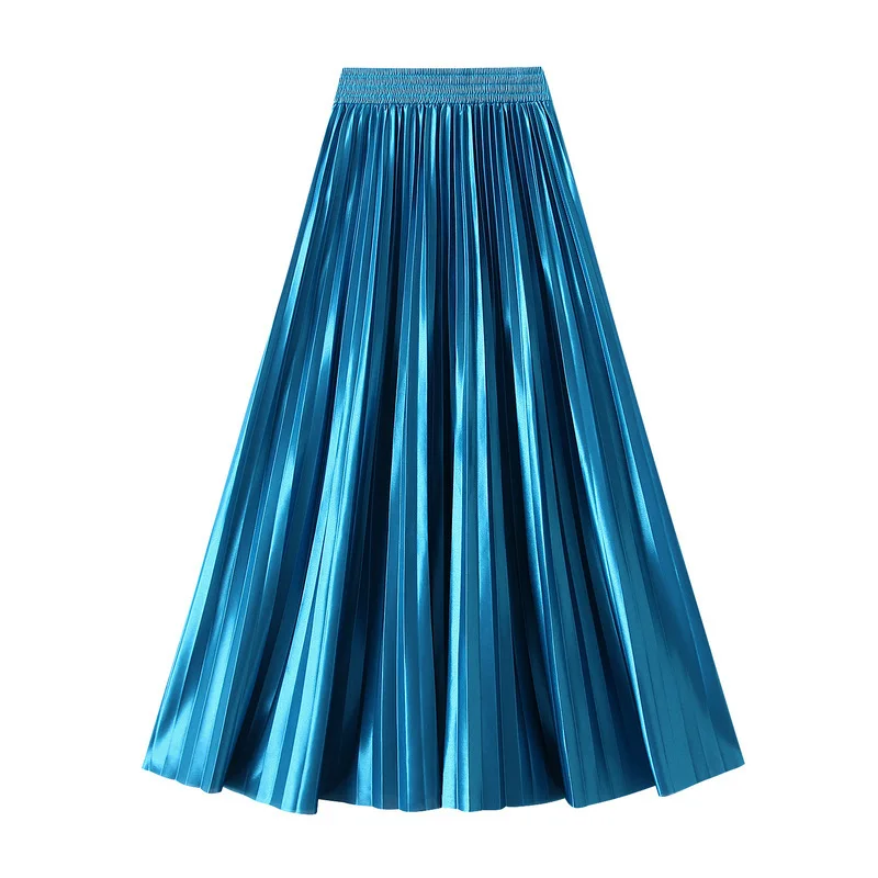 

New In 2025 Women's Pleated Long Skirt Korean Trendy Spring Autumn Shiny Glossy High Waist Solid Color Sweet Elegant Skirts