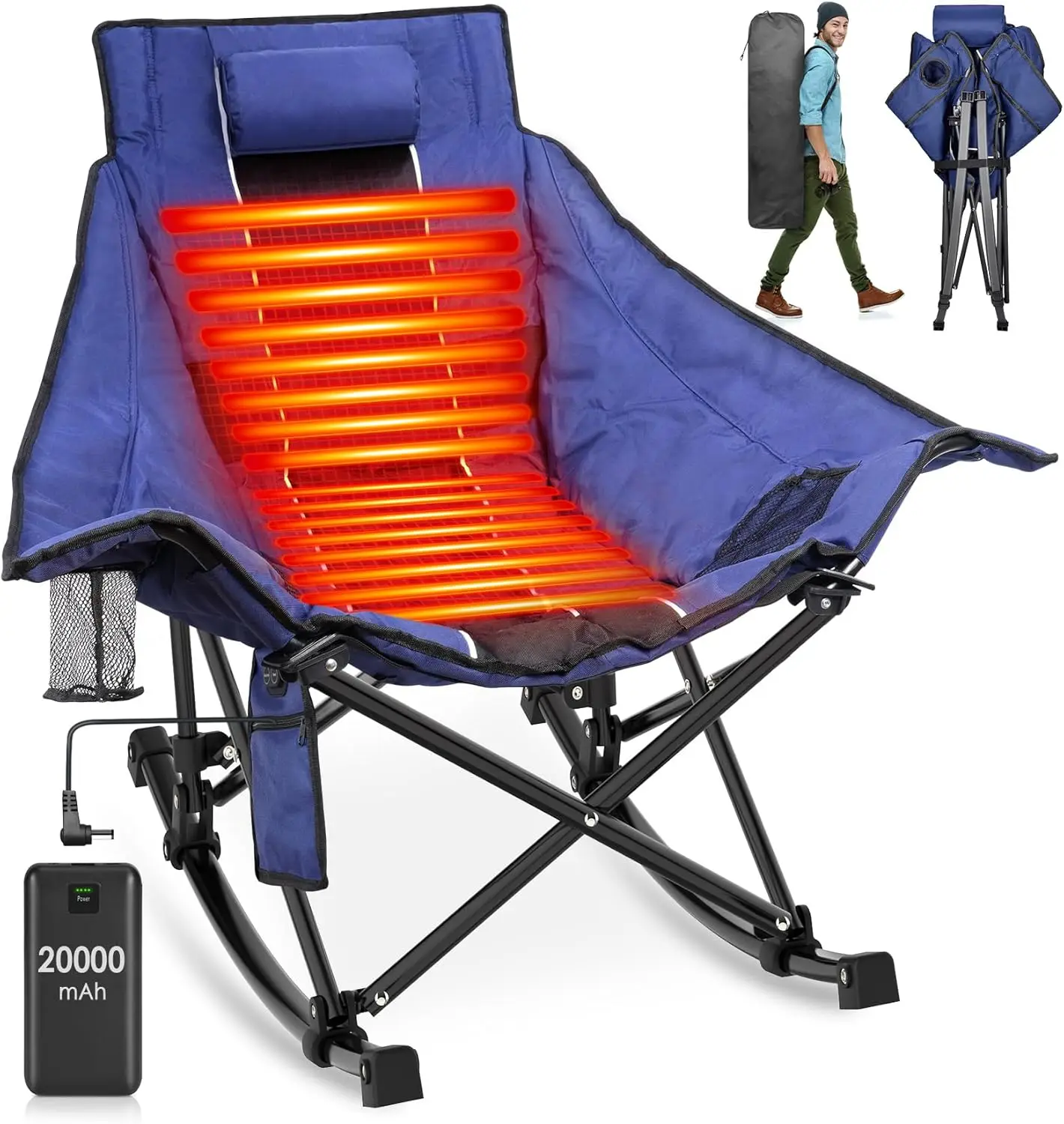 Heated Rocking Camping Chair, XL Oversized Rocking Chair Outdoor with 3 Heat Levels for Back and Seat, Heated Chairs Outdoor Spo