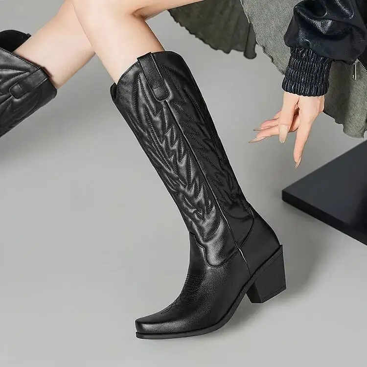 

2026 New Black Embroidered Western Boots Chunky Heels Knee High Boots Shoes