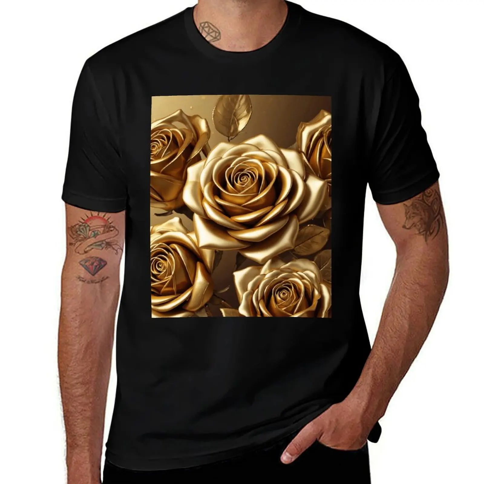 Gilded Petals: Golden Rose Design T-Shirt UV Sun Protection Tee Shirt