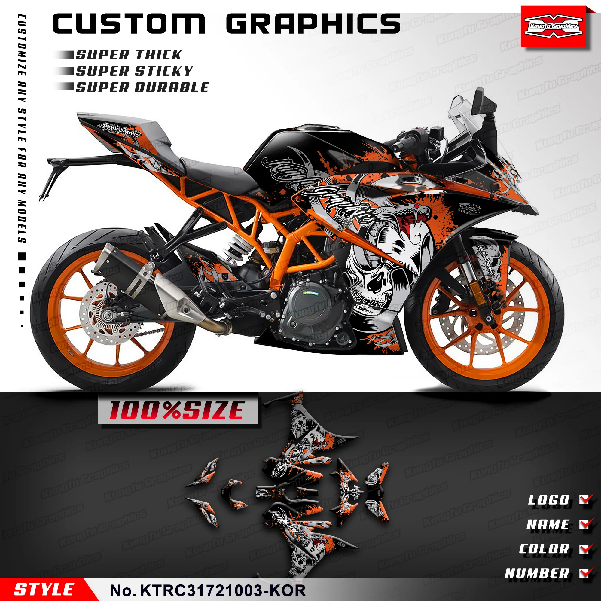 KUNGFU GRAPHICS Graphic Kit Adhesive Sticker for KTM RC 125 200 250 390  2017 2018 2019 2020 2021 2022 2023 24, KTRC31721003-KOR