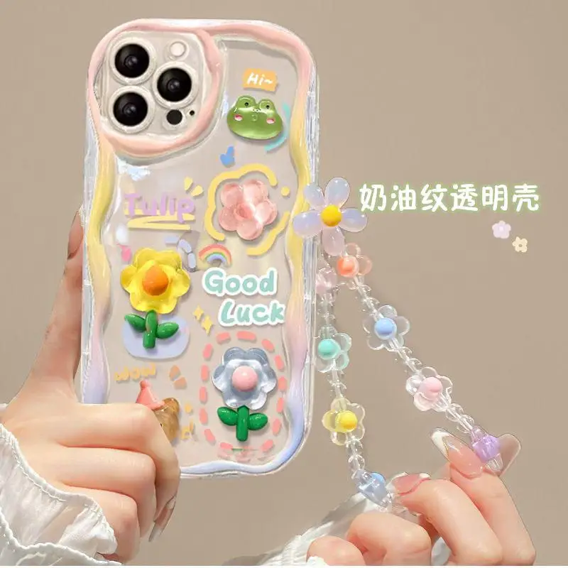 3D Cute Flower Case For Samsung Galaxy A25 A10 A11 A31 A51 A71 A21S A50 A30S A20 A30 A32 A52 A02 A02S A22 A03 J7 Wrist Chain