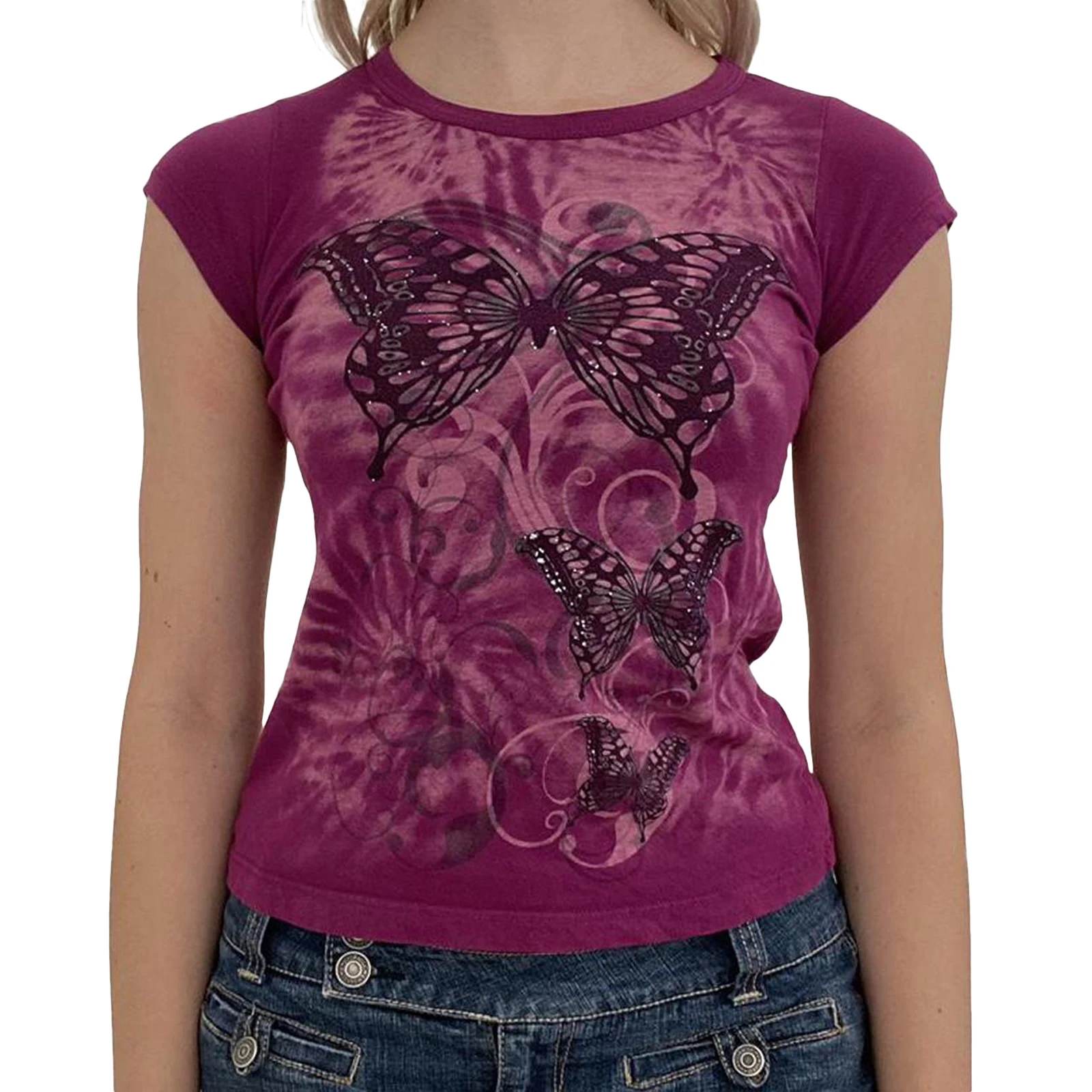 Camiseta básica informal de manga corta Rero para mujer, camisetas ajustadas con estampado vintage y cuello redondo con ombligo descubierto