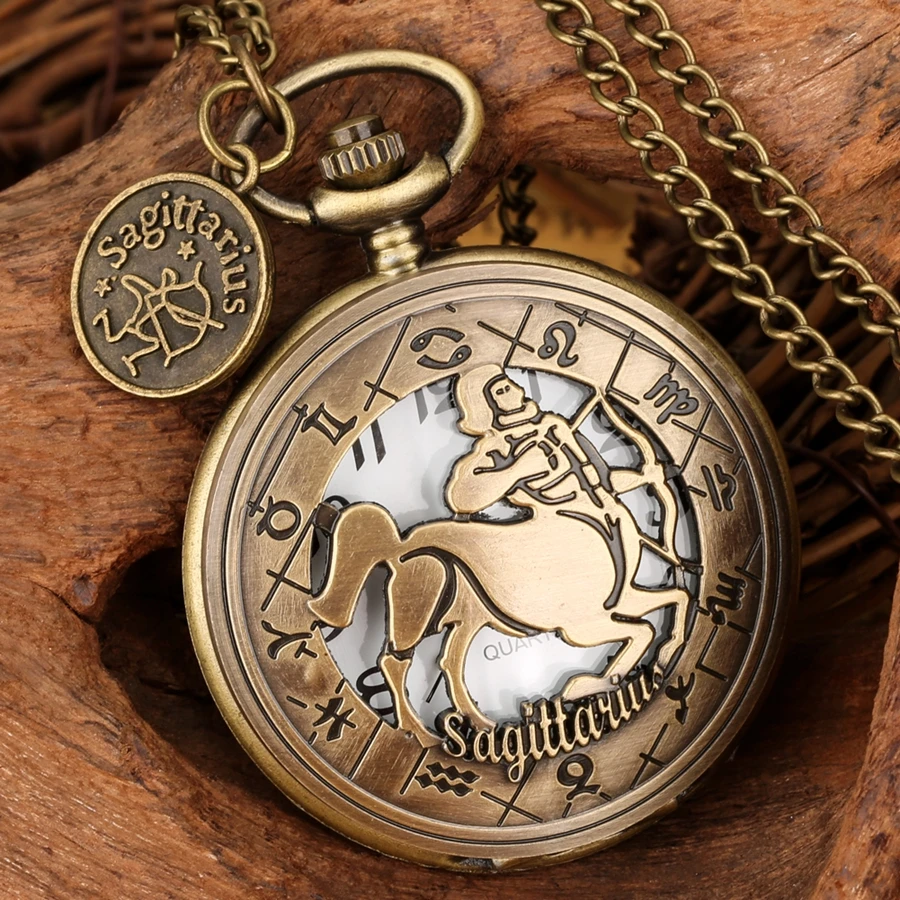 Bronze Retro Sagittarius Jewelry Watches Quartz Pocket Watch Necklace Pendant Birthday Gifts Clock with Sagittarius Accessory