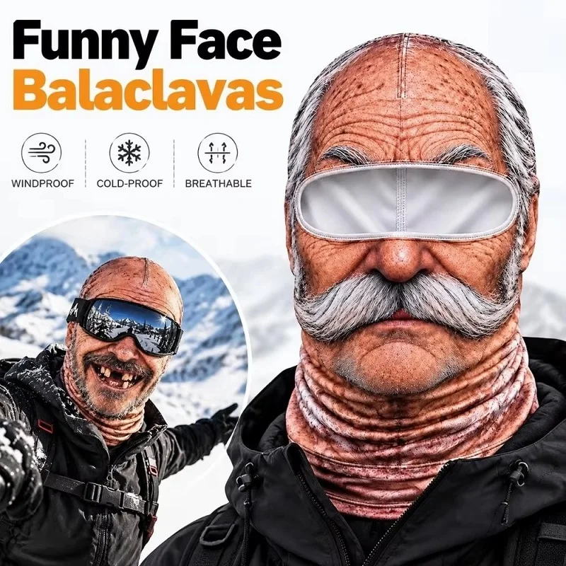 Funny Old Man Ski Mask*Realistic Face Balaclava *Summer Winter 3D Printed Full Face Mask for Skiing Snowboarding Outdoor Sports