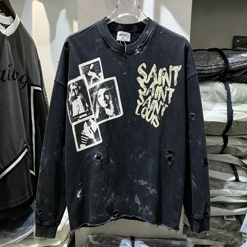 Patch Photo Label Washed Hole Damaged SSSAINT LOUIS Sweatshirts Men Women Black Streetwear Clothes Paint Graffiti Pullovers