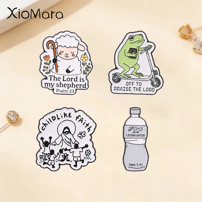 Christian Bible Verse Enamel Pins Cartoon Sheep Shepherd's Staff Frog Jesus Living Water Faith Religious Brooches Jewelry Gifts