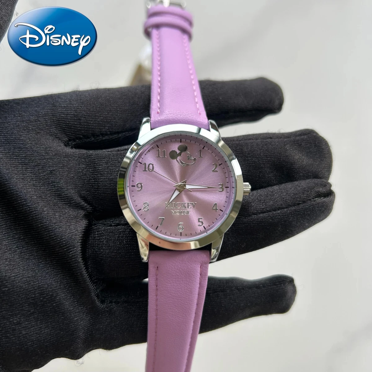 Relógio de quartzo mickey feminino da disney, roxo, cor da sorte, estudante, impermeável, presente para crianças, caixa incluída