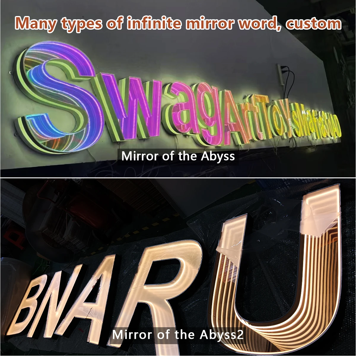 Miroir alphabet avec personnages rétroéclairés colorés, miroir abîme, atmosphère active, éclairage KTV, bar et fête exclusive