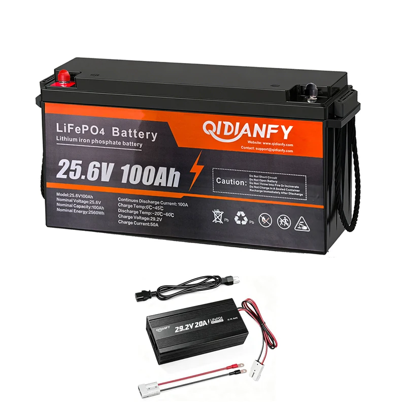Qidianfy 25.6V 100Ah LiFePO4 Lithium Battery and Charger Built-in 100A BMS 2560Wh Power Output 15000+ Deep Cycle for RV Marine Solar Off-grid Systems