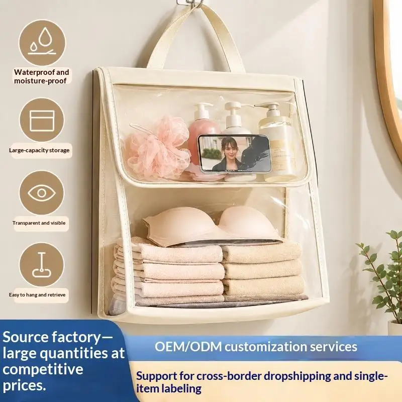 Waterproof Bathroom Hanging Storage Bag Large Capacity With Touch Screen Phone Pocket No Drilling Wall Mount Wet Dry Separation