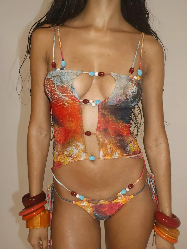 

InGrily Colorful Pearls Patchwork Bikini 3 Piece Set Women Sexy Bra Tops+Shirring Briefs+Hollow Skirts Beach Style Swimsuits