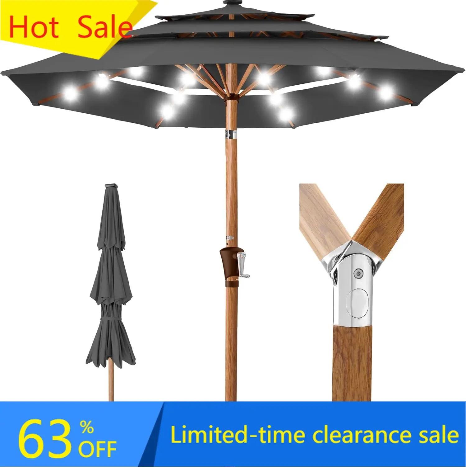 

Waterproof Best Choice Products Woodgrain Pattern 10ft 3-Tier Solar Patio Umbrella w/ 24 LED Lights Tilt