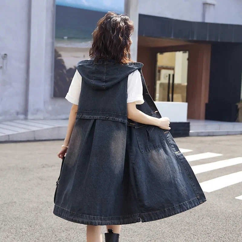 

Retro pocket Hooded Knee length Denim Waistcoat Jacket 2024 Spring Autumn New Sleeveless Coat Women Casual Long Vest Overcoat