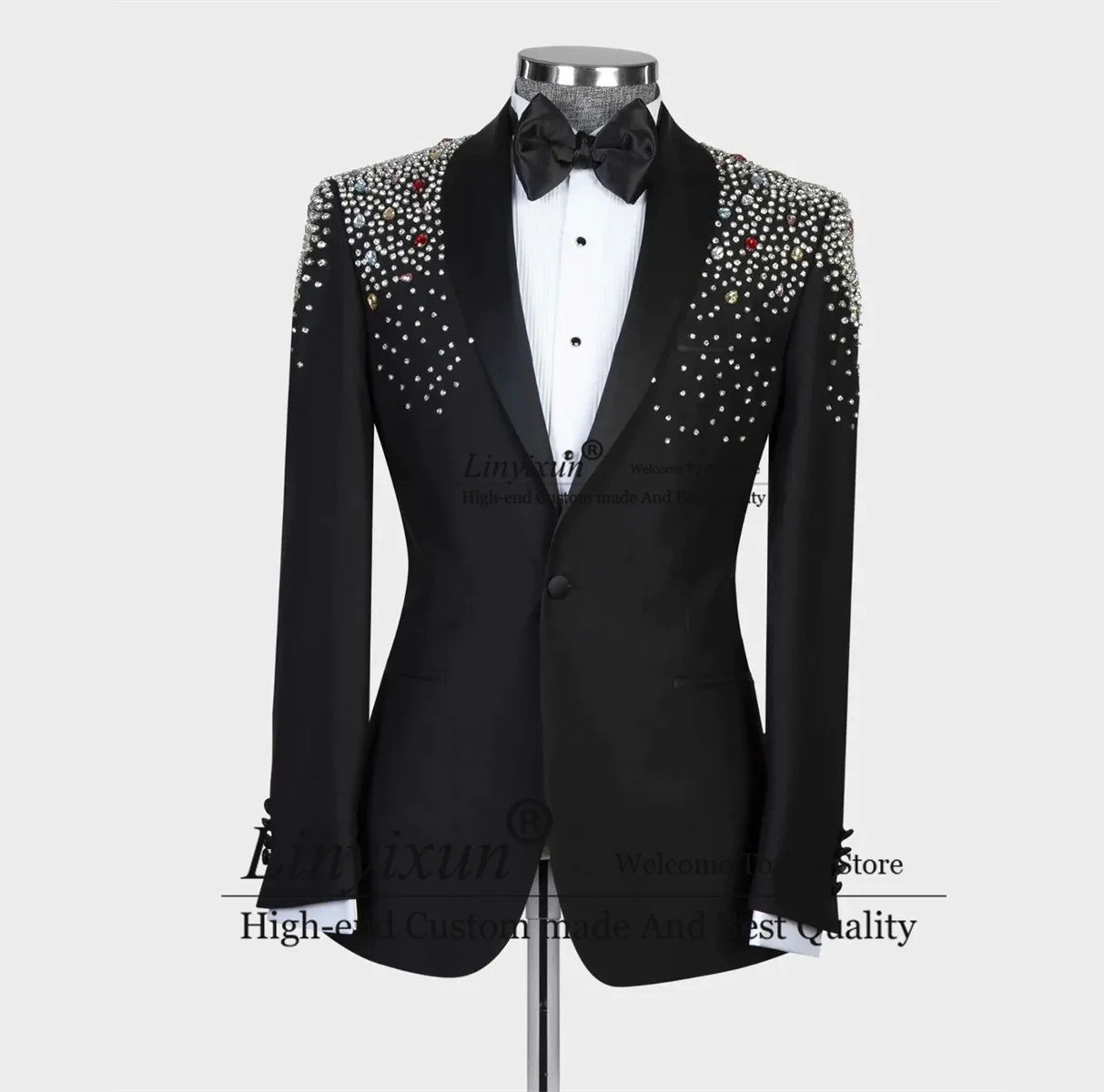 Luxury Crystal Men Suits Beaded Lapel Groom Wedding Tuxedo 2 Pieces Sets Bridegroom Prom Blazers Slim Fit Party Costume Homme