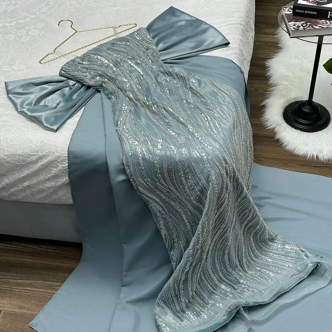 Blue Bow Strapless Prom Dresses Sequins Off The Shoulder Sleeveless Beaded Evening Dress 2023 Saudi Arabia Women's Formal