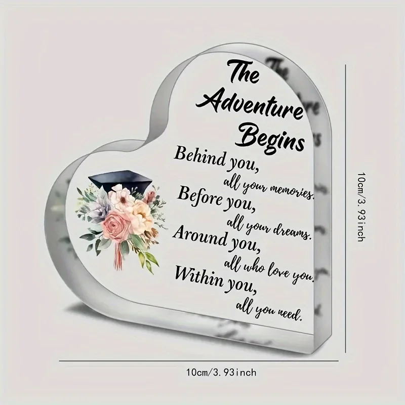 Heart Acrylic Plaque The Adventure Begins Graduation Cap Floral Graduation Gift Desk Decor
