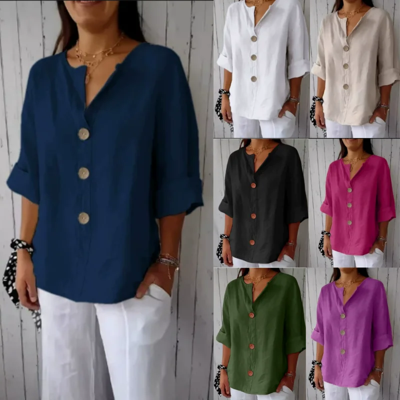 Plus Size Loose Shirt&Blouses Women's V-Neck Cotton Linen Button Top Casual Shirts Solid Elegant Office Womens Clothing Shirt