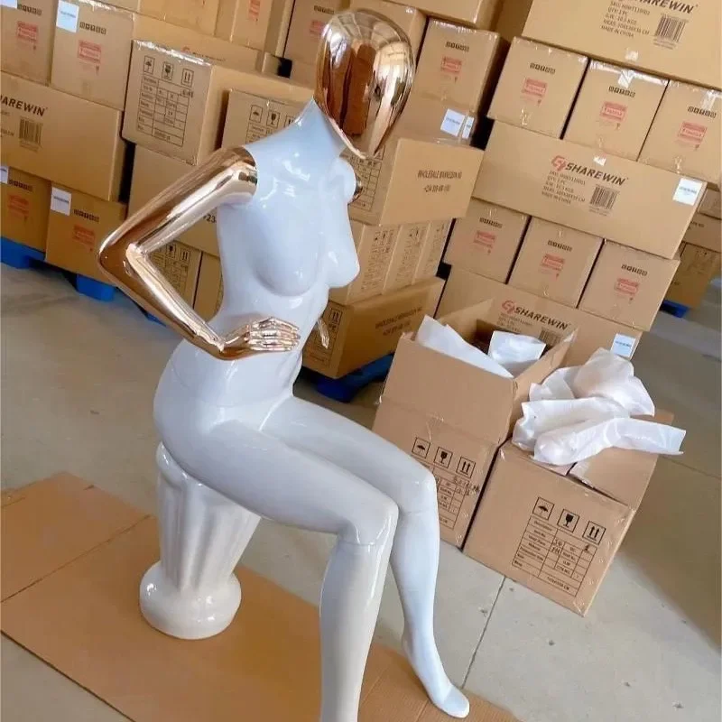 Gold Electroplated Full Body Female Mannequin for Window Display High End Clothing Store Props Sitting Posture Model Dummy