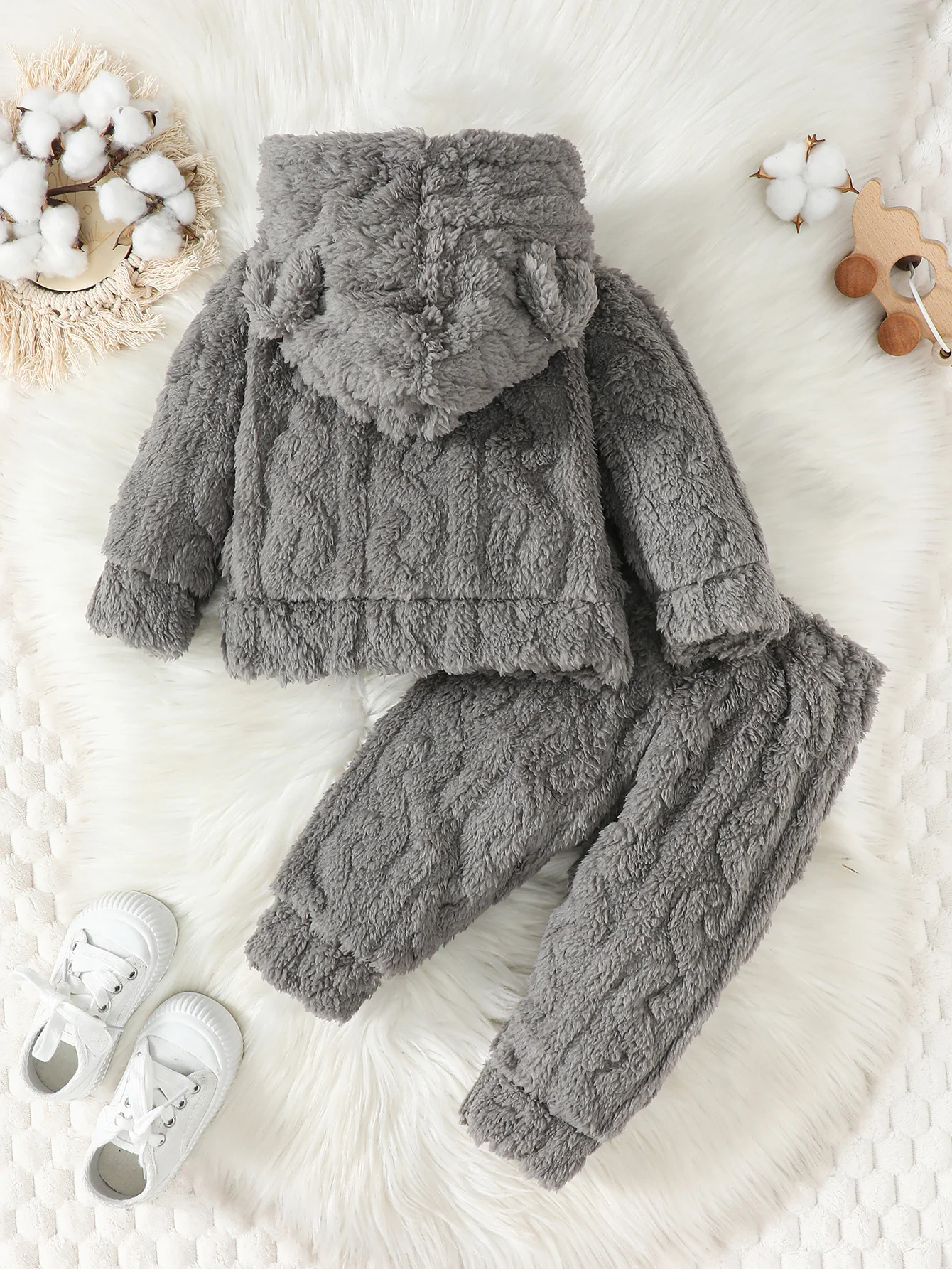 Gray Fuzzy Design Sense Baby Boy Suit Hooded Long-Sleeved Pocket Top Elastic Waist Pants For Baby Boys Simple Solid Color Hoodie