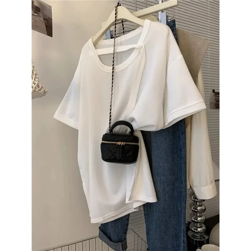 Camiseta de manga corta con cuello en U para mujer, Top holgado y adelgazante que cubre el vientre, Irregular y elegante, para verano