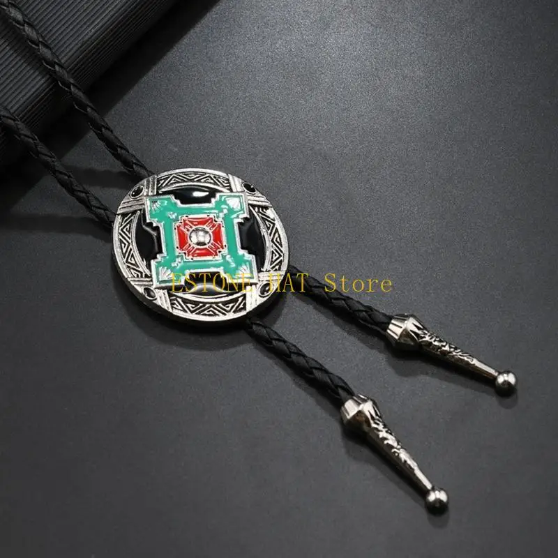 49MF Leather Bolo Tie Necktie with Enamel Metal Badge Pendant Western Necklace Chain
