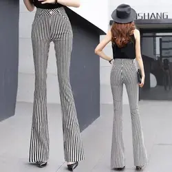 Koreanische Mode Sommer Anzug Hosen neue Frauen gestreifte Taschen Reiß verschluss hohe Taille Split Temperament schicke schlanke gerade Flare Hose