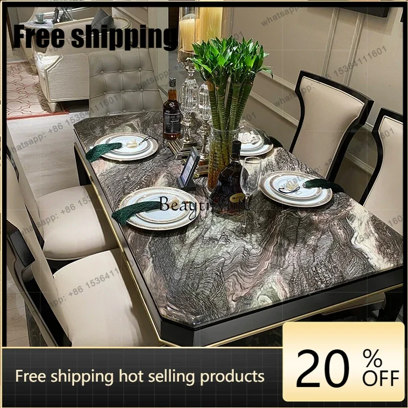 HJ  Modern New Chinese Style Solid Wood Dining Table Landscape Marble Rectangular