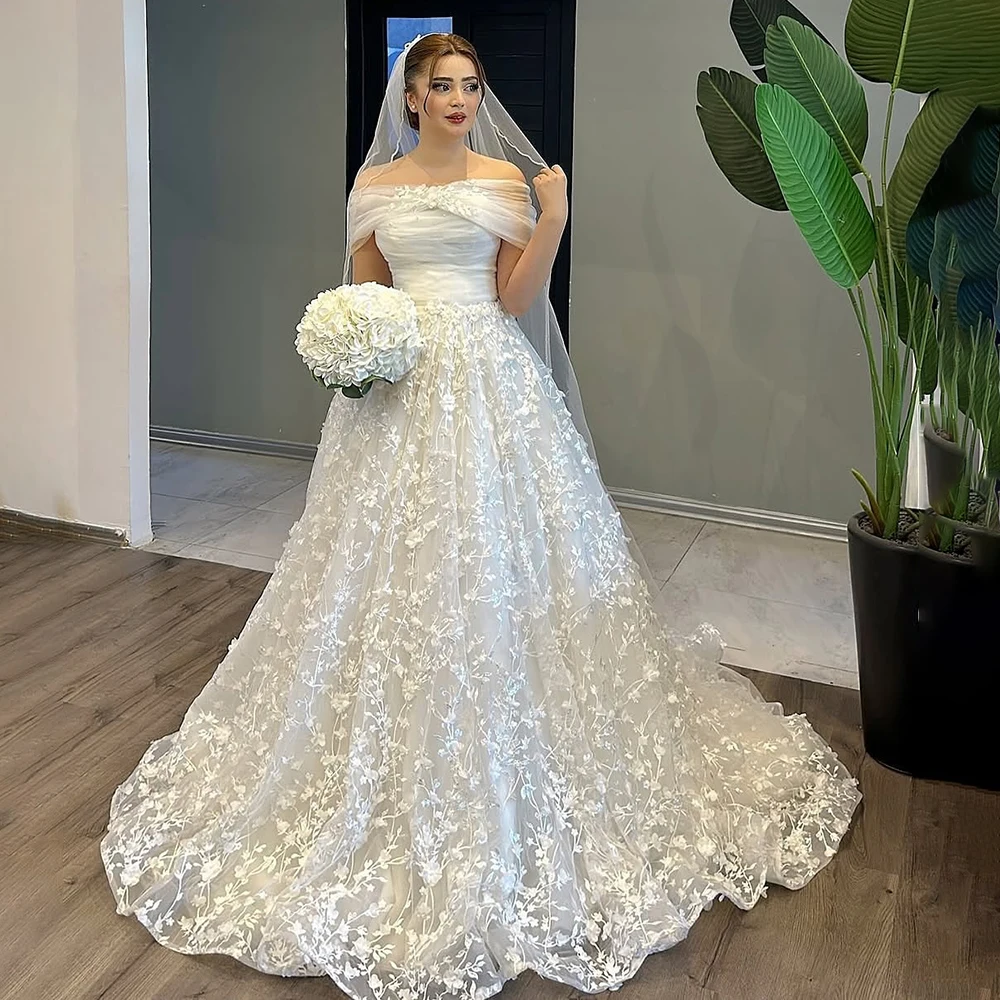 

Saudi Wedding Dress Off Shoulder Tulle Appliques A-line Floor Length Backless Lace Bridal Dress with Train Custom Made