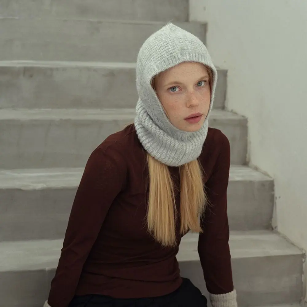Simple Alpaca Wool Balaclava Hat Wool Blend Solid Color Knitted Hat Warm Beanie Winter Cap Female/Girls