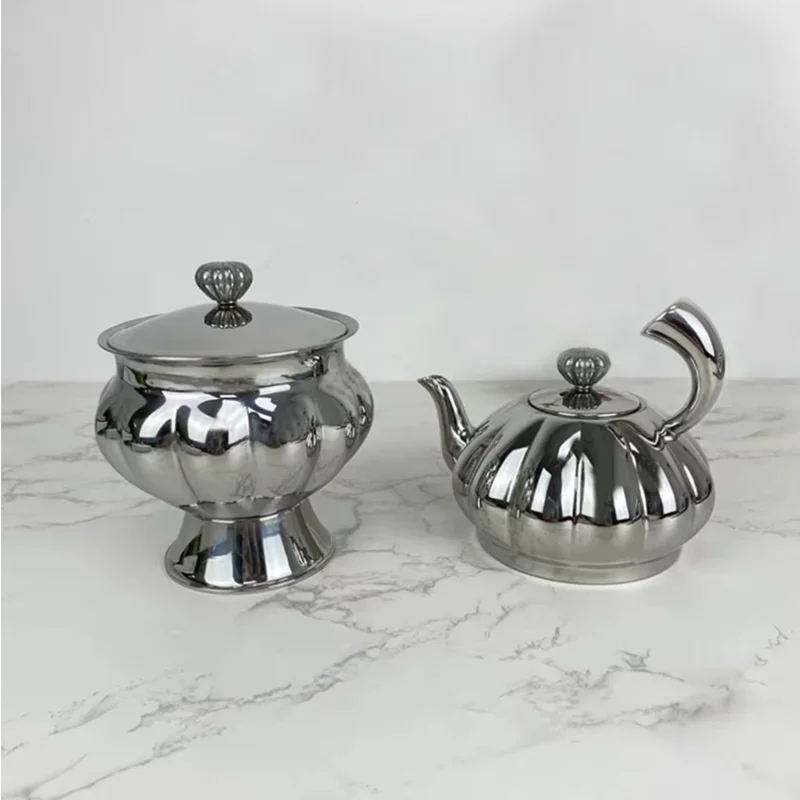 Nordic Stainless Steel Pumpkin Striped Teapot, Luxurious Retro Tea Bowl, Coffee Pot, Candy Jar with Lid, Home Decoration