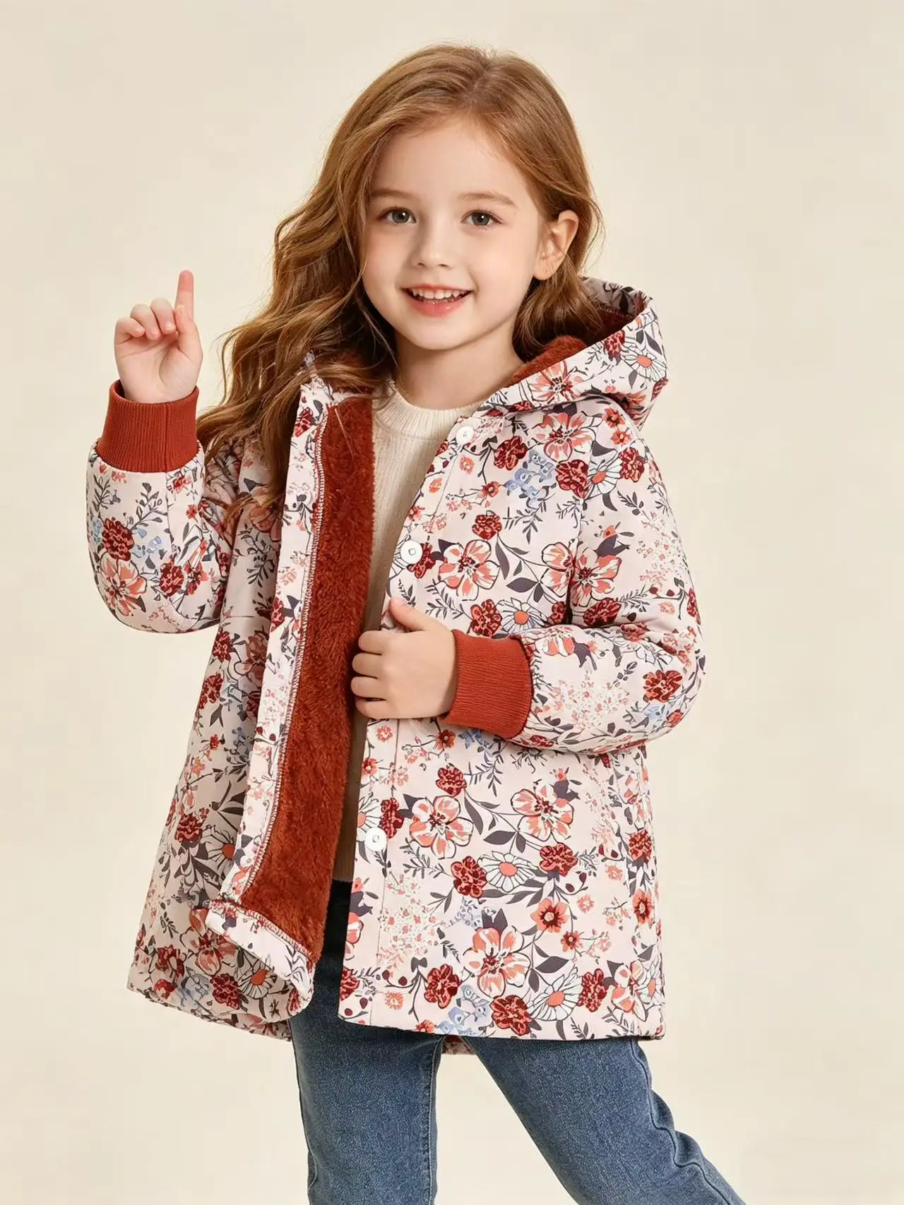 Autumn Winter Fashion Hooded Jacket Little Girls All Over Floral Print Fleece Lined Thickened Casual Outerwear For Daily Outdoor