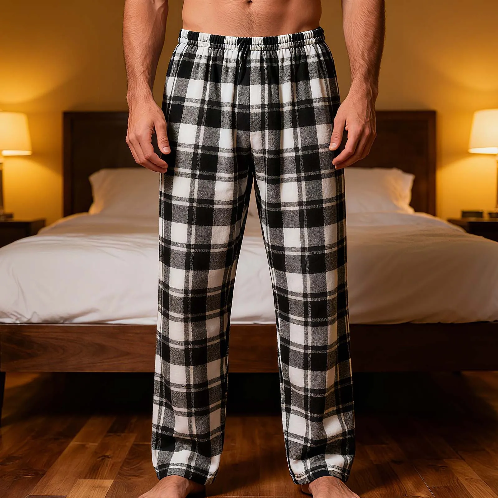 Men's Pajama Pants Autumn New Checked Polyester Thick Soft Comfortable Elastic Waistband with Pockets Home Lounge Pants