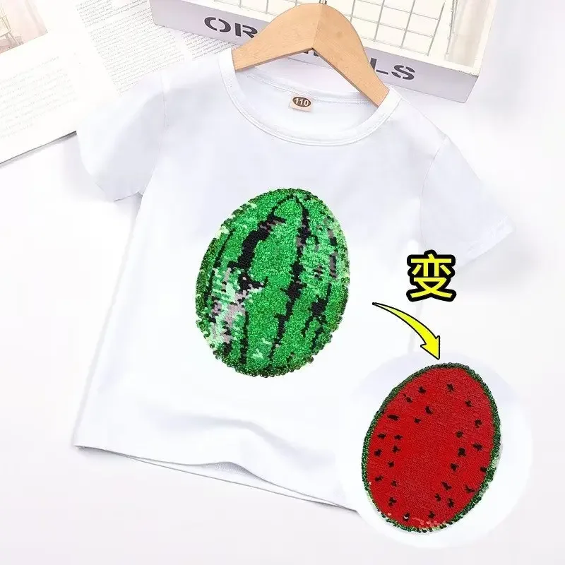 Summer Kids TShirts Clothing Fashion personality Boys Girls Short Sleeve Watermelon Reversible Magic Sequins Change Graphic Tops