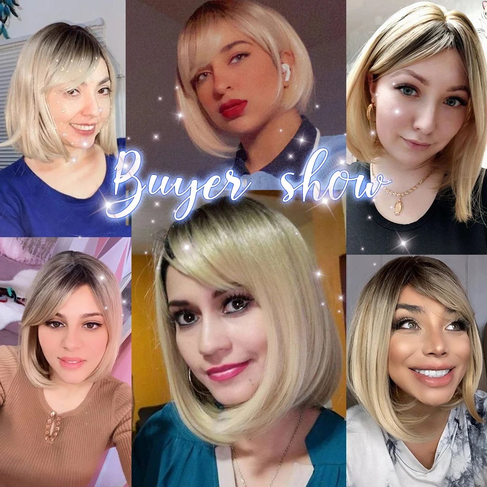 Krótkie peruki z grzywką syntetyczne z prostymi bobami dla kobiet Ombre brązowy do blond peruka na imprezę Cosplay codziennych włókno termoodporne