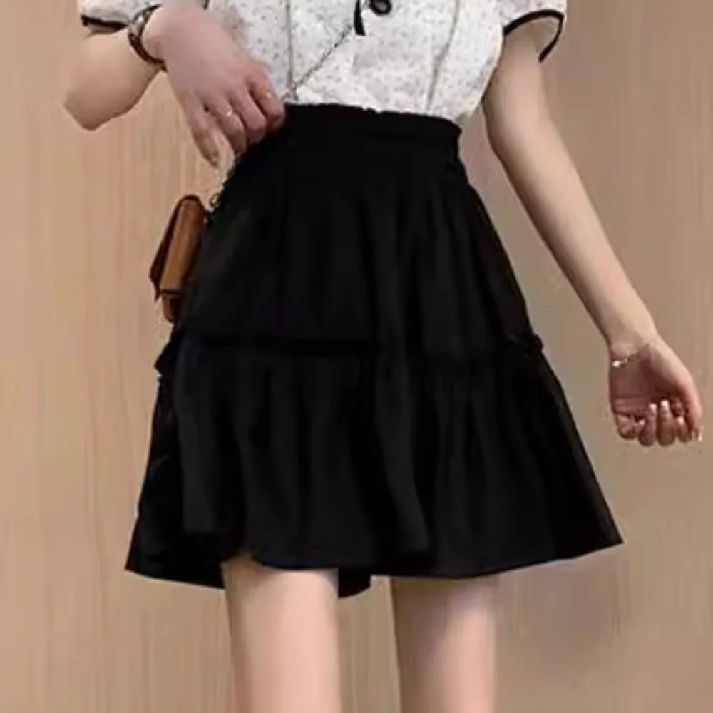 A-line High Waist Pleated Mini Skirts with Safty Pants Solid Color Pleated Fluffy Mini Skirt Elastic Waist Harajuku