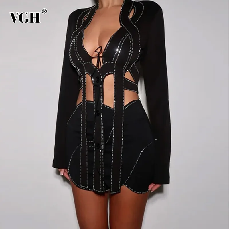 VGH Spliced Diamonds Tow Piece Set For Women V Neck Long Sleeve Short Tops Bodycon Mini A Line Skirt Slimming Sets Female New