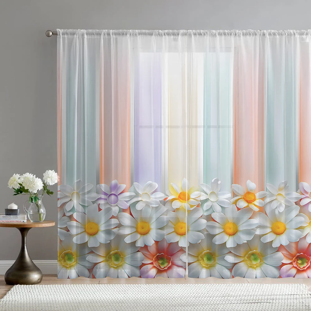 2PCS Home decoration daisy colored printed window screens with pole bags, suitable for kitchens, cafes, and living rooms